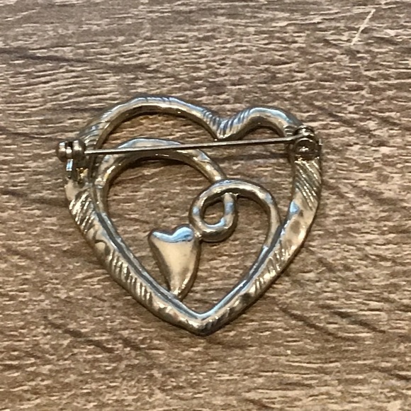 Vintage Silver Tone Heart Within a Heart Red Enamel Heart Pin/Brooch 1 1/2" Long - Picture 3 of 3